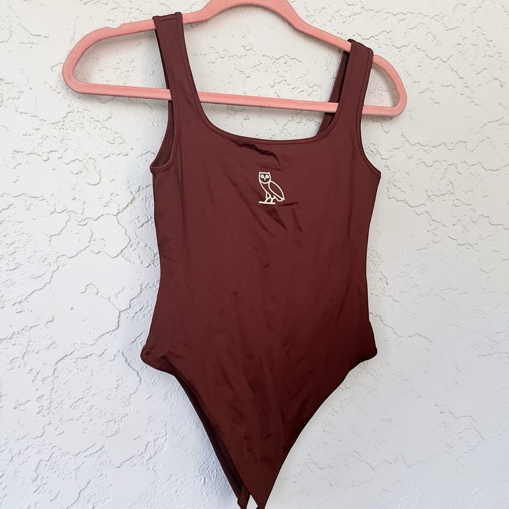 OVO Owl Logo Bodysuit Burgundy Scoop Neck One Piece Streetwear Minimal S